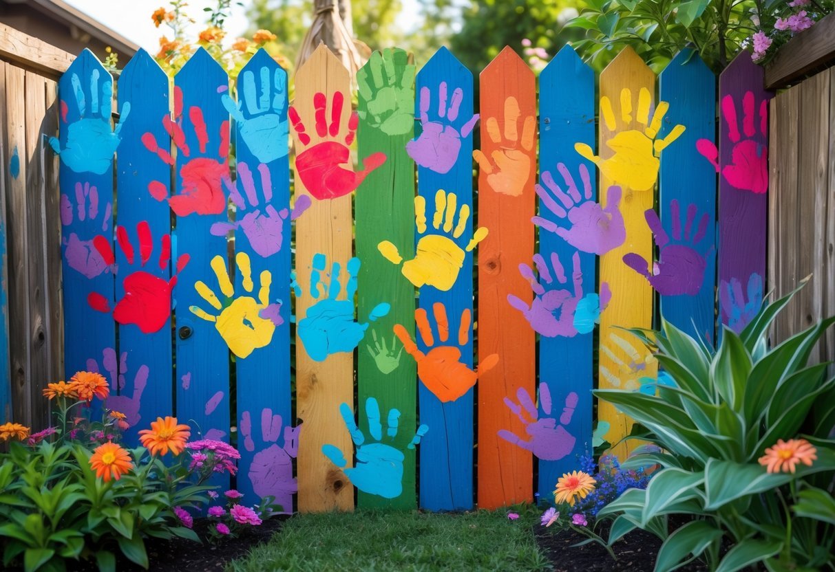 22+ Whimsical Garden Fence Art Ideas: Creative Ways to Transform Your Outdoor Space in the US 10 A garden fence covered with colorful painted handprints surrounded by green plants and flowers.