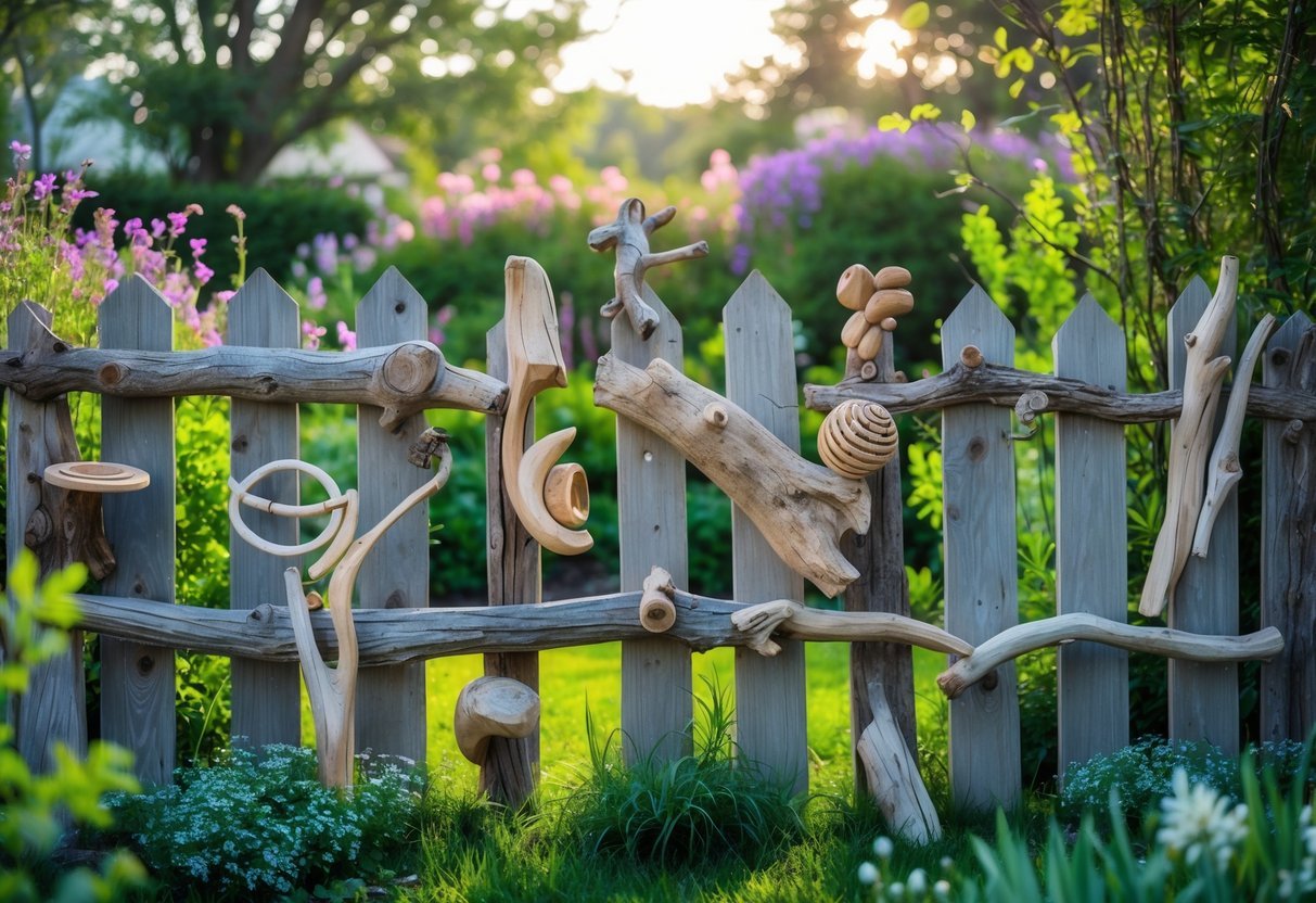 22+ Whimsical Garden Fence Art Ideas: Creative Ways to Transform Your Outdoor Space in the US 12 A garden fence decorated with various driftwood sculptures surrounded by green plants and flowers.