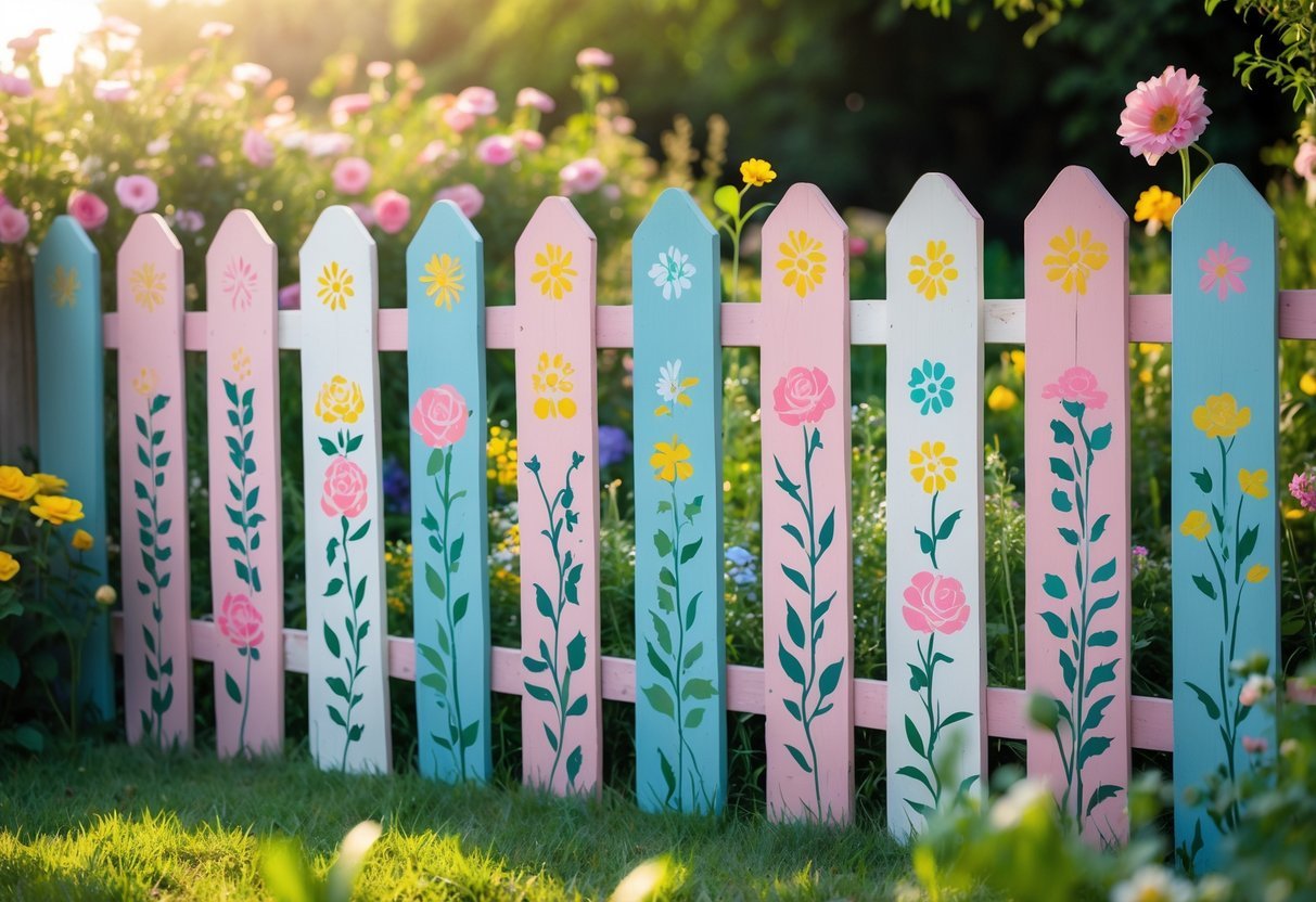 22+ Whimsical Garden Fence Art Ideas: Creative Ways to Transform Your Outdoor Space in the US 13 A garden fence decorated with colorful floral stencil designs surrounded by blooming flowers and greenery.