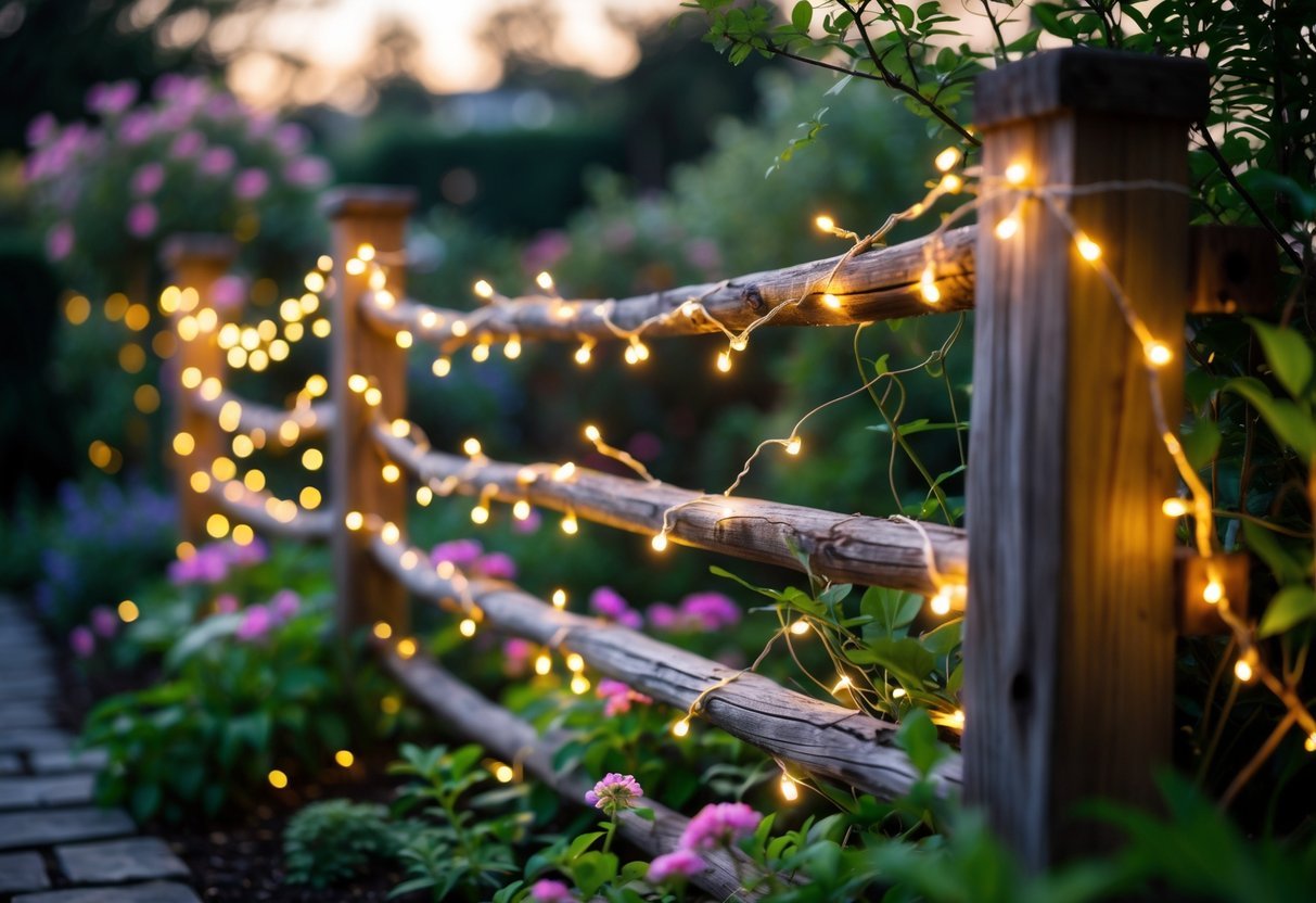 22+ Whimsical Garden Fence Art Ideas: Creative Ways to Transform Your Outdoor Space in the US 14 A rustic garden fence decorated with glowing string lights surrounded by plants and flowers during twilight.