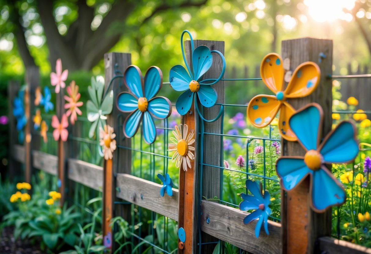 22+ Whimsical Garden Fence Art Ideas: Creative Ways to Transform Your Outdoor Space in the US 15 A garden fence decorated with colorful upcycled metal sculptures of flowers and butterflies surrounded by green plants and flowers.
