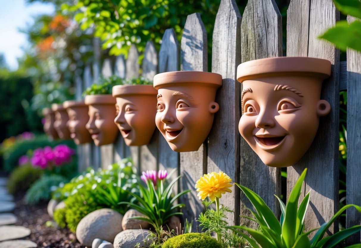 22+ Whimsical Garden Fence Art Ideas: Creative Ways to Transform Your Outdoor Space in the US 16 A wooden garden fence decorated with multiple clay pots shaped like human faces surrounded by plants and flowers.