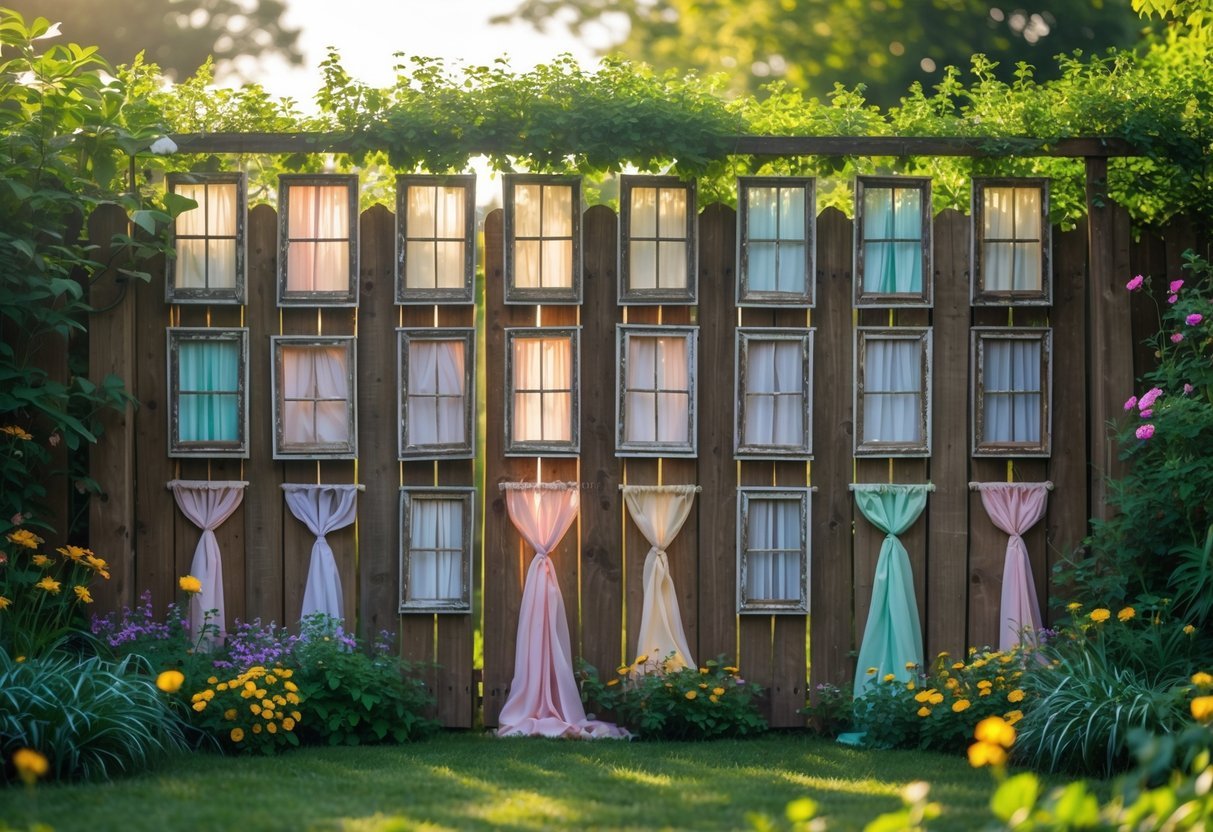 22+ Whimsical Garden Fence Art Ideas: Creative Ways to Transform Your Outdoor Space in the US 17 A garden fence decorated with 15 faux window frames with curtains surrounded by flowers and greenery.