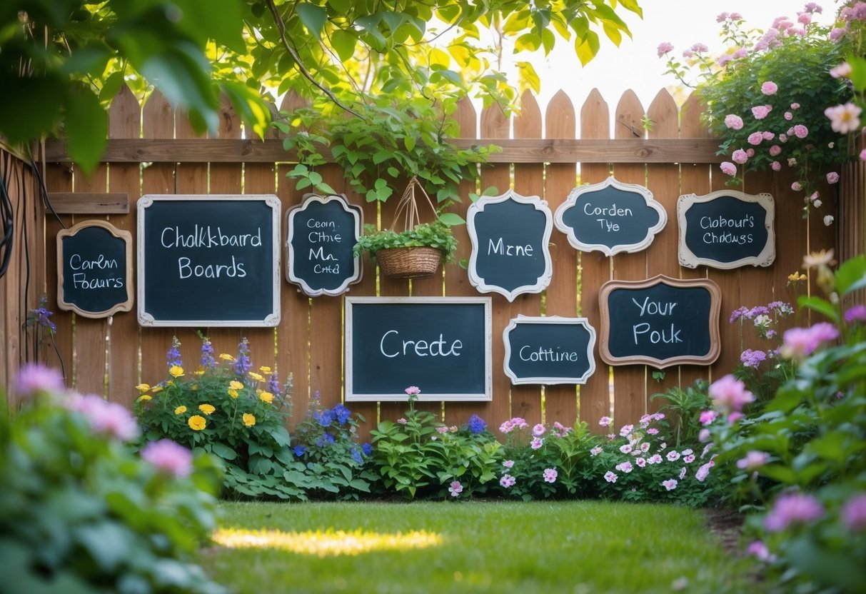 22+ Whimsical Garden Fence Art Ideas: Creative Ways to Transform Your Outdoor Space in the US 18 A garden fence decorated with blank chalkboard message boards surrounded by flowers and green plants.