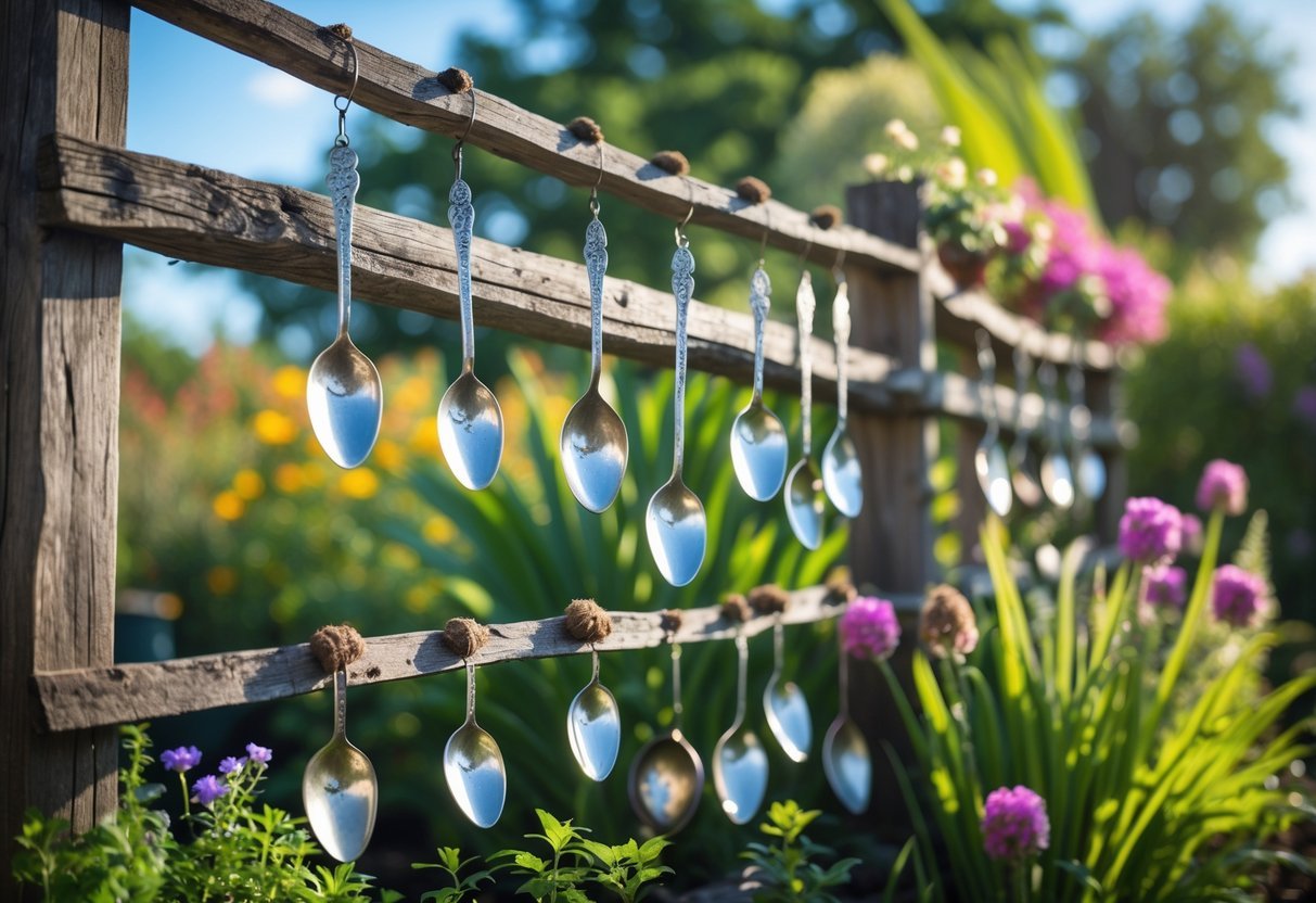 22+ Whimsical Garden Fence Art Ideas: Creative Ways to Transform Your Outdoor Space in the US 19 A wooden garden fence decorated with hanging spoon chimes surrounded by green plants and colorful flowers.