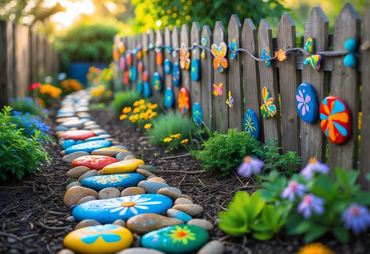 22+ Whimsical Garden Fence Art Ideas: Creative Ways to Transform Your Outdoor Space in the US 20 A wooden garden fence decorated with colorful painted pebbles arranged in winding trail patterns surrounded by blooming flowers and green plants.