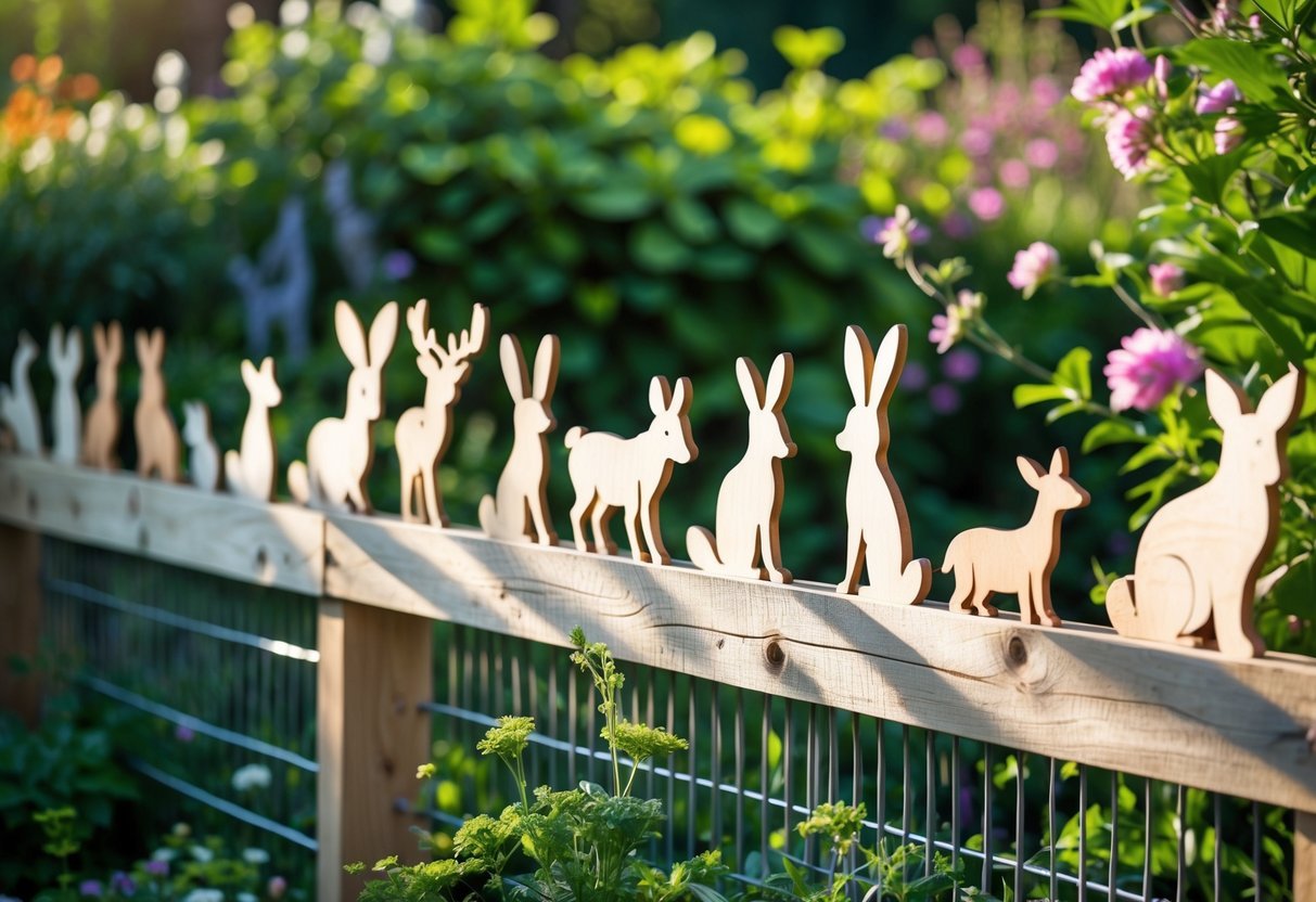 22+ Whimsical Garden Fence Art Ideas: Creative Ways to Transform Your Outdoor Space in the US 21 A wooden garden fence decorated with animal-shaped cutouts surrounded by green plants and flowers.