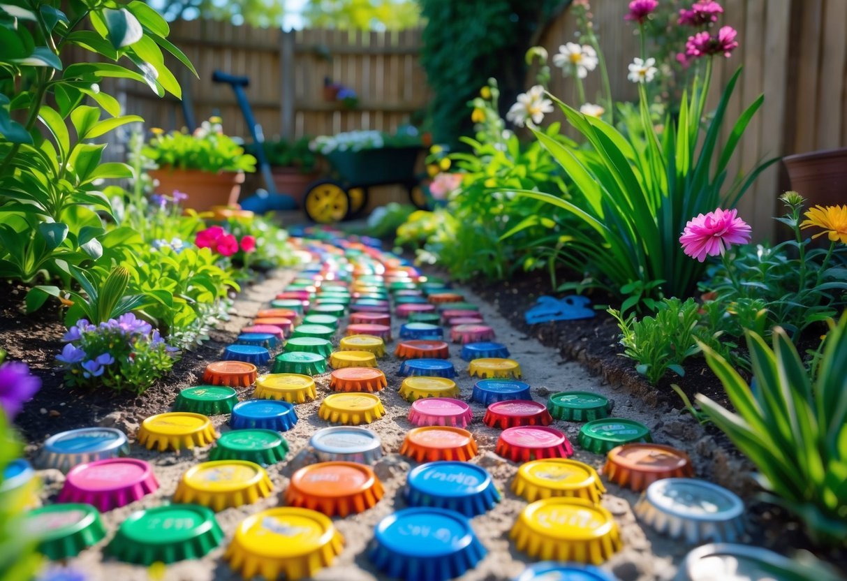 20+ Garden Ideas with Bottle Cap to Transform Your Outdoor Space Effortlessly 2 A garden path decorated with colorful bottle caps surrounded by green plants and blooming flowers.