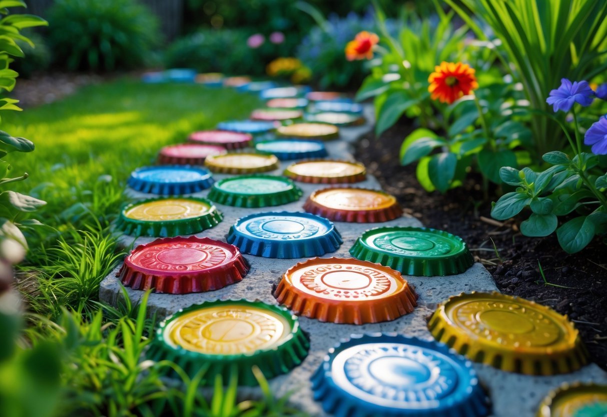 20+ Garden Ideas with Bottle Cap to Transform Your Outdoor Space Effortlessly 3 A garden pathway made of colorful bottle cap stepping stones surrounded by green plants and flowers.