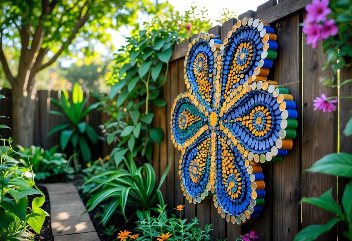 20+ Garden Ideas with Bottle Cap to Transform Your Outdoor Space Effortlessly 4 A garden wall decorated with colorful bottle caps arranged in flower shapes on a wooden fence surrounded by green plants.