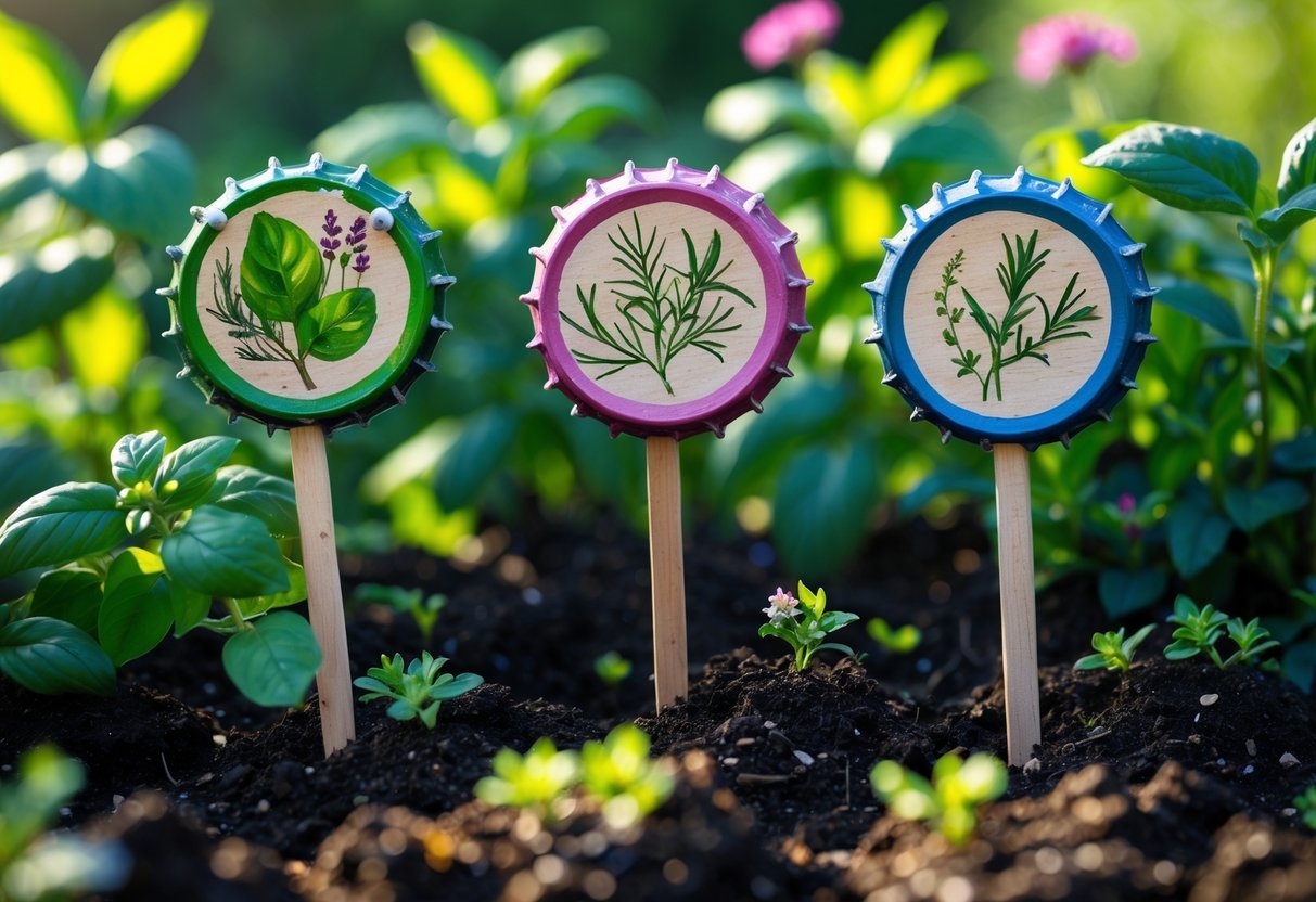 20+ Garden Ideas with Bottle Cap to Transform Your Outdoor Space Effortlessly 5 Three colorful bottle caps attached to sticks used as plant markers in a garden bed with green plants and soil.