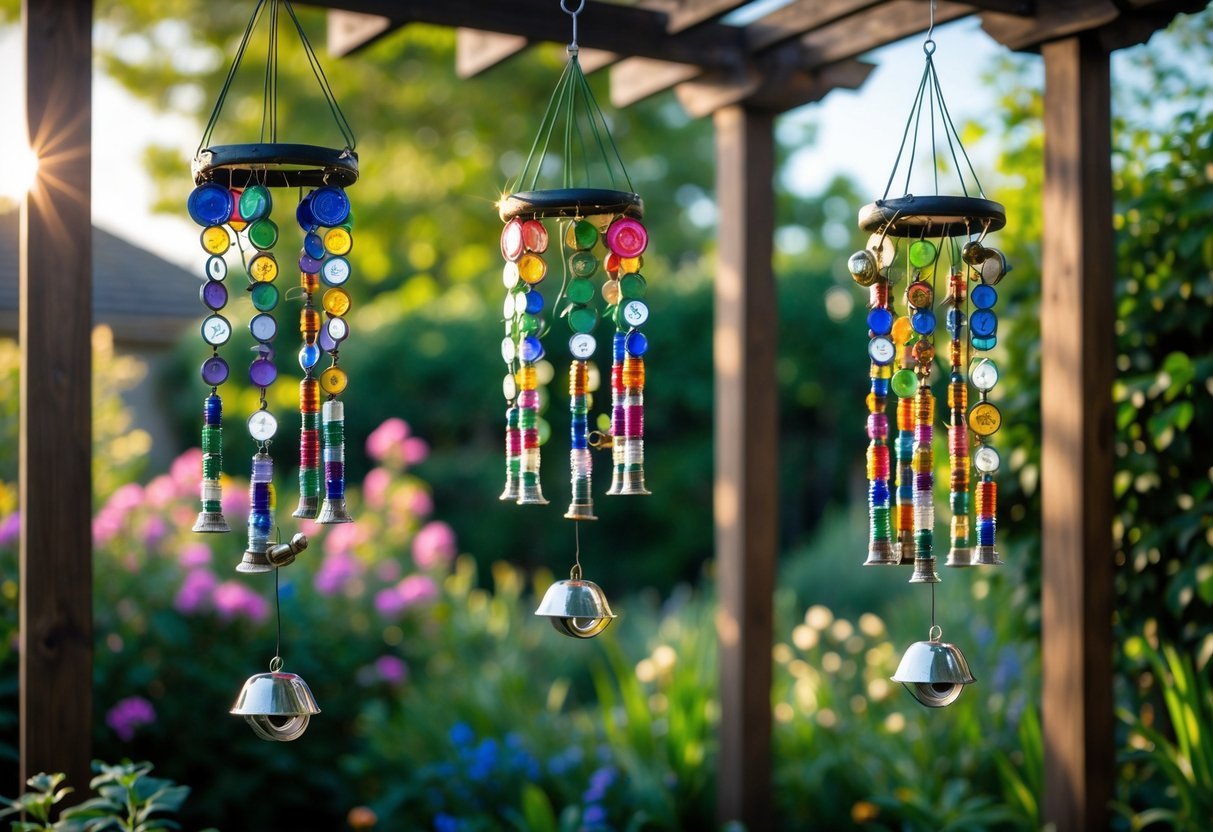 20+ Garden Ideas with Bottle Cap to Transform Your Outdoor Space Effortlessly 6 Four colorful bottle cap wind chimes hanging in a garden with green plants and flowers in the background.