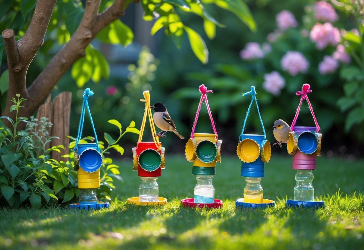 20+ Garden Ideas with Bottle Cap to Transform Your Outdoor Space Effortlessly 7 Five colorful bird feeders made from bottle caps hanging in a green garden with small birds perched on them.