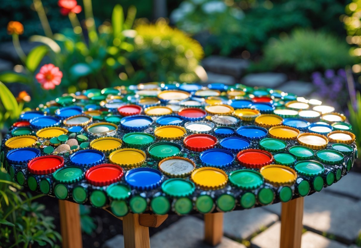20+ Garden Ideas with Bottle Cap to Transform Your Outdoor Space Effortlessly 8 A colorful garden table with a mosaic tabletop made from bottle caps surrounded by green plants and flowers.