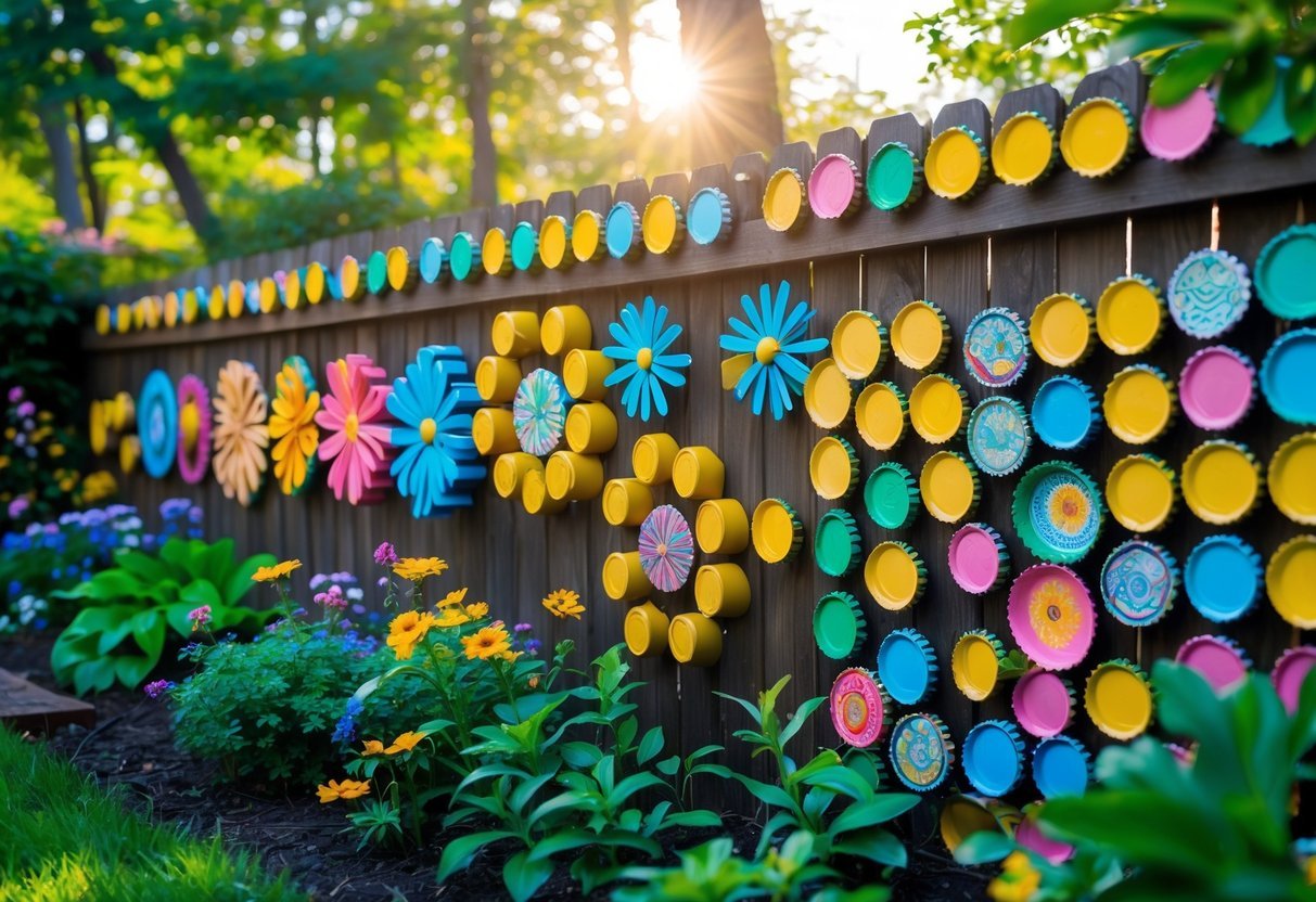 20+ Garden Ideas with Bottle Cap to Transform Your Outdoor Space Effortlessly 9 A wooden fence decorated with colorful bottle caps arranged in artistic patterns surrounded by green plants and flowers in a garden.