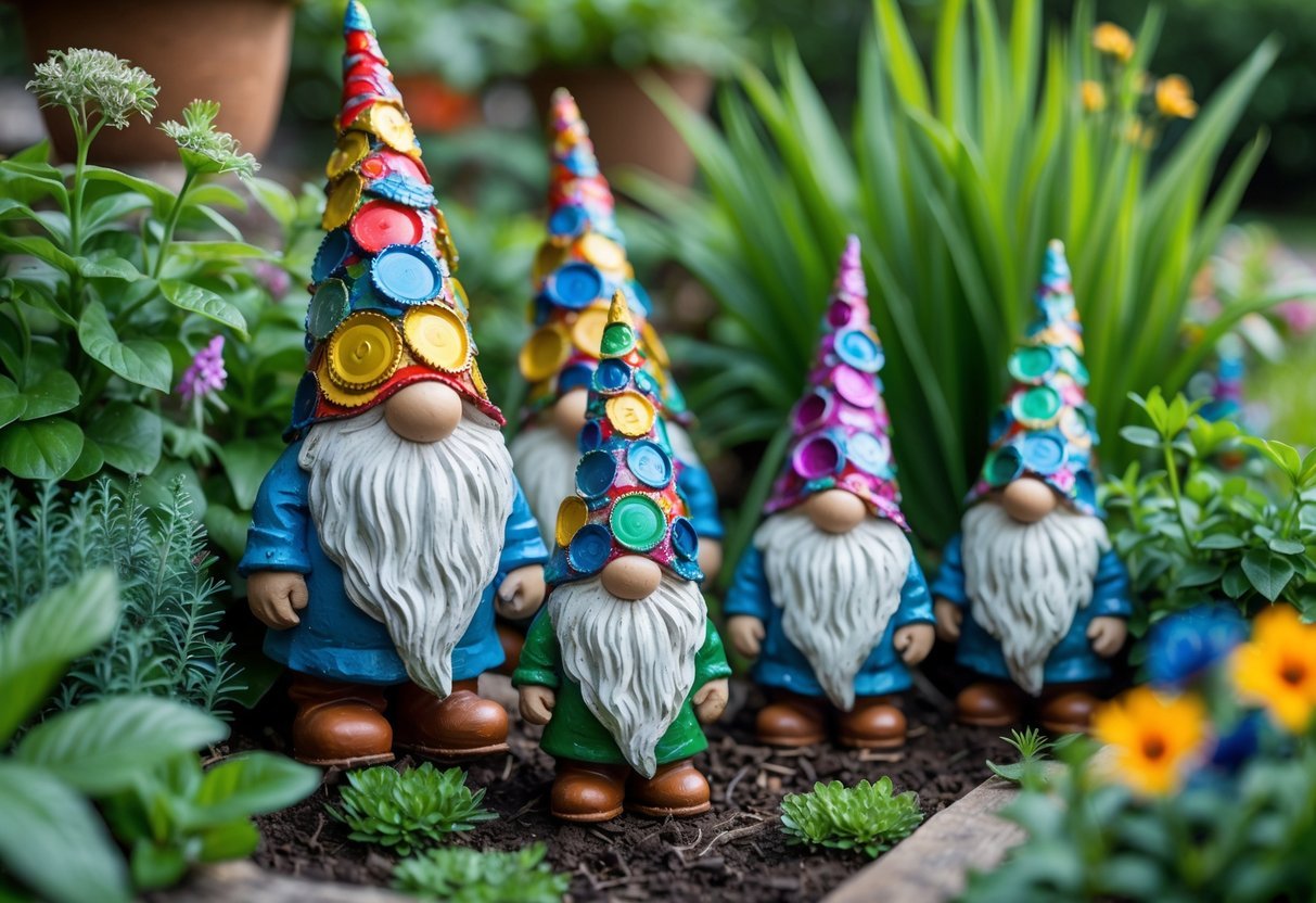 20+ Garden Ideas with Bottle Cap to Transform Your Outdoor Space Effortlessly 10 Small garden gnomes wearing colorful hats made from bottle caps arranged among green plants and flowers in a garden.