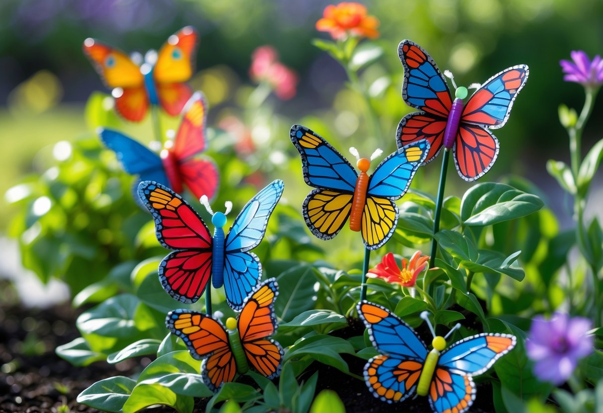 20+ Garden Ideas with Bottle Cap to Transform Your Outdoor Space Effortlessly 11 Colorful butterflies made from painted bottle caps attached to plants in a garden with green leaves and flowers.
