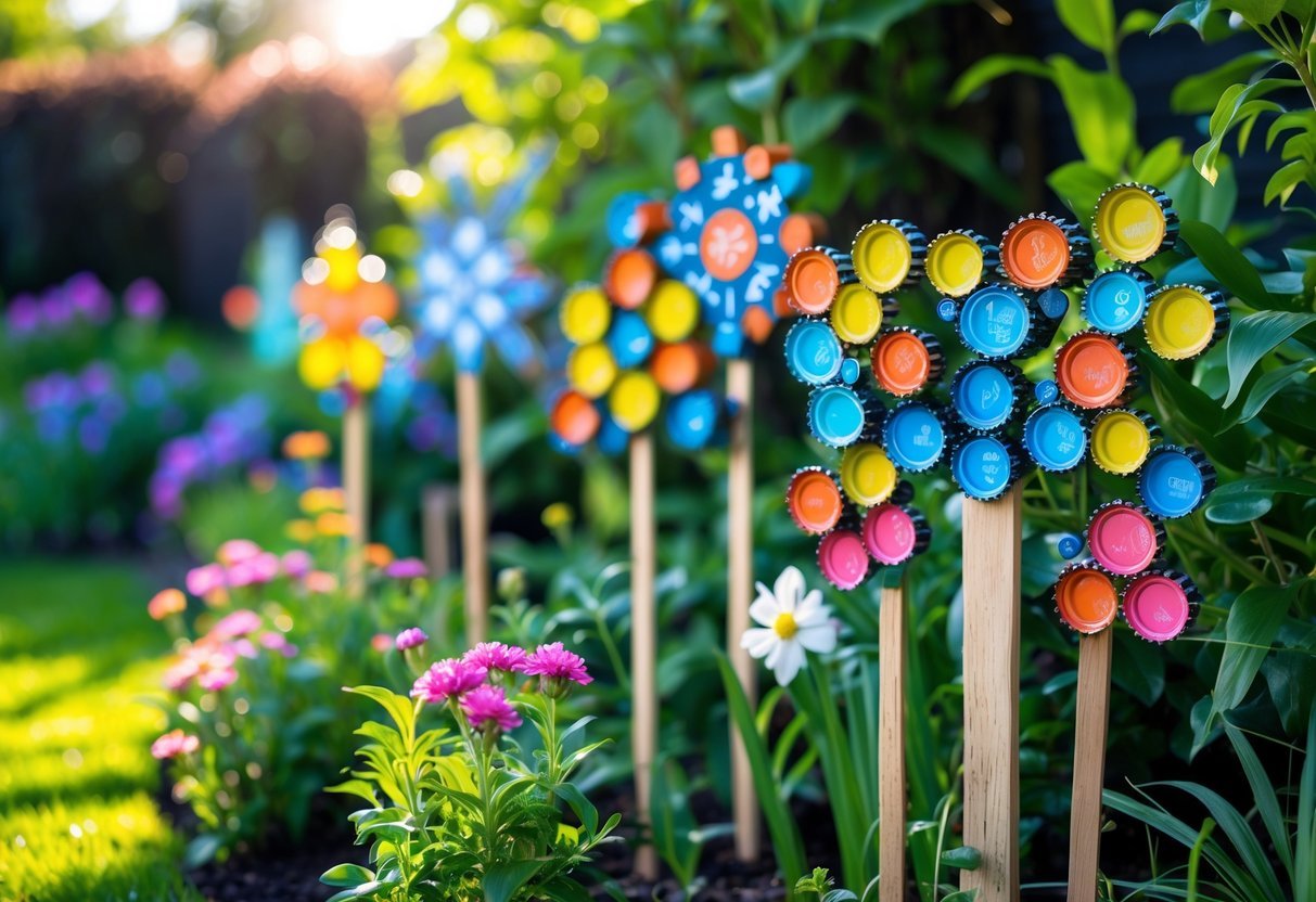 20+ Garden Ideas with Bottle Cap to Transform Your Outdoor Space Effortlessly 12 A garden with colorful handmade signs made from bottle caps placed among flowers and green plants.