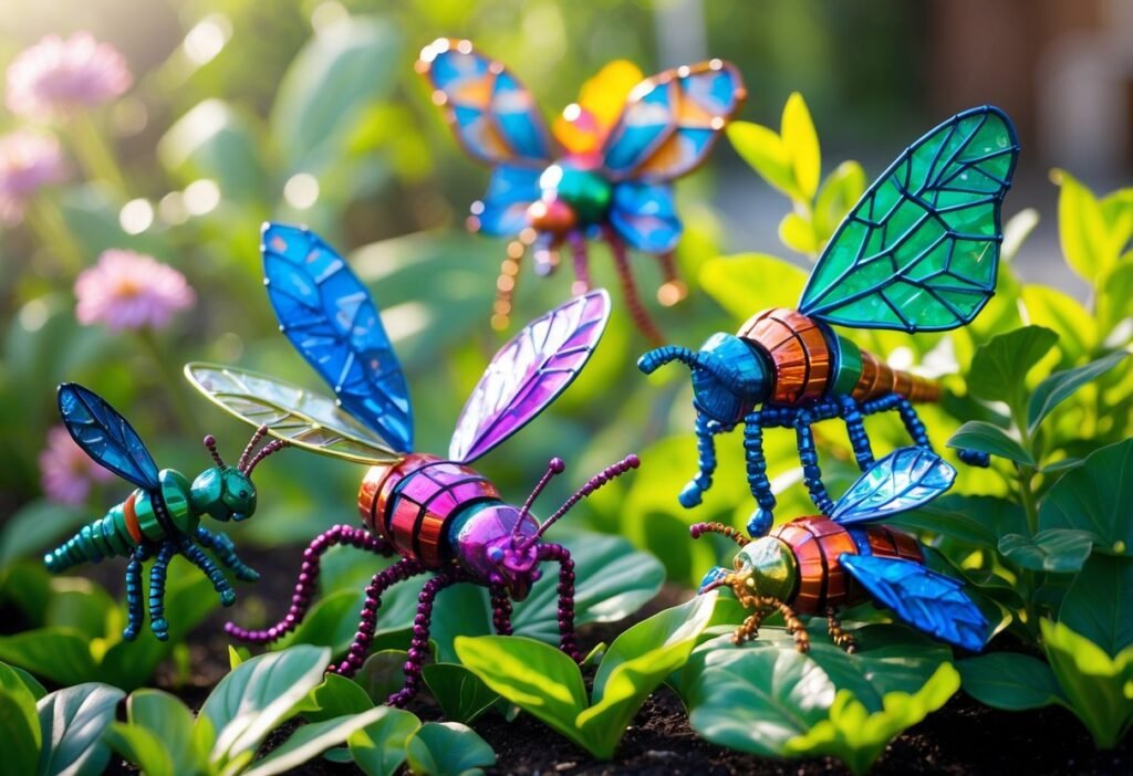 Colorful insect sculptures made from bottle caps displayed among green plants and flowers in a garden.