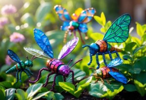 Colorful insect sculptures made from bottle caps displayed among green plants and flowers in a garden.