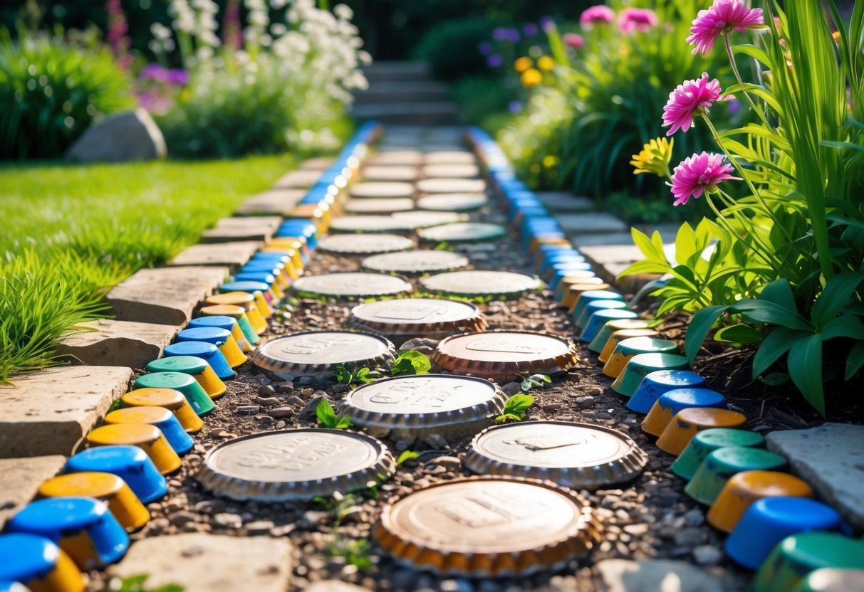 20+ Garden Ideas with Bottle Cap to Transform Your Outdoor Space Effortlessly 14 A garden pathway bordered by colorful bottle caps with green grass and flowering plants on both sides.