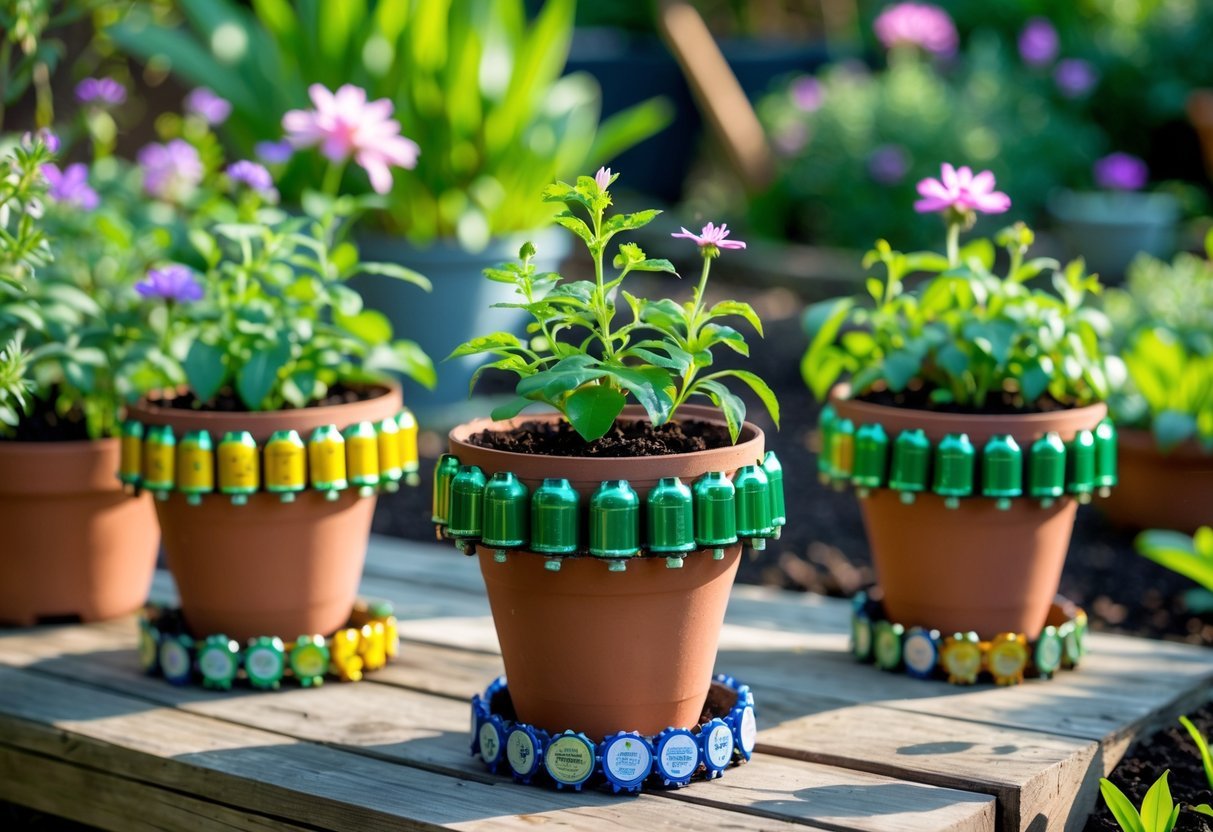 20+ Garden Ideas with Bottle Cap to Transform Your Outdoor Space Effortlessly 15 Flower pots decorated with colorful bottle caps in a garden surrounded by green plants and flowers.