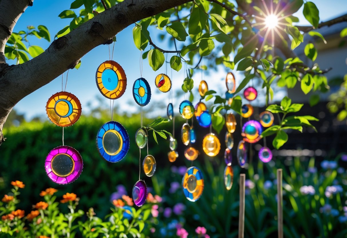 20+ Garden Ideas with Bottle Cap to Transform Your Outdoor Space Effortlessly 16 A garden with 14 colorful bottle cap sun catchers hanging among green plants and flowers, catching sunlight.