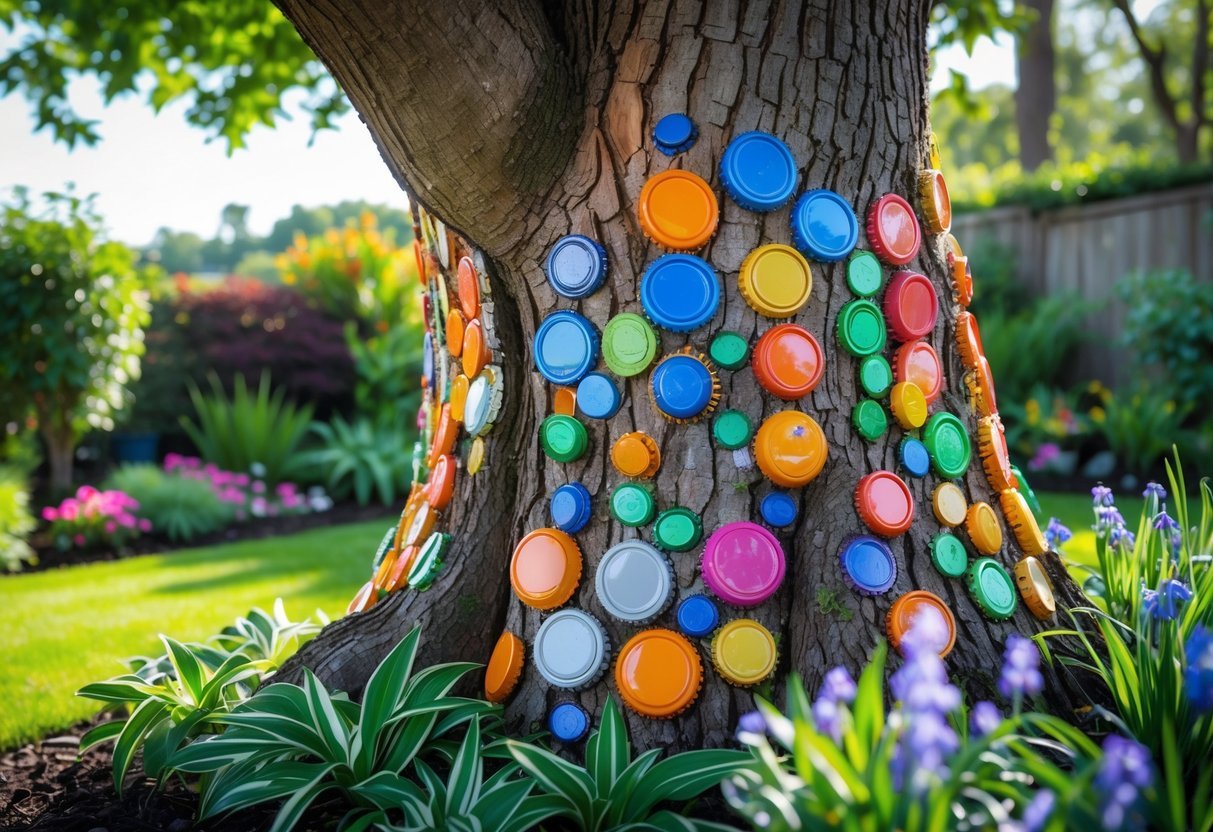 20+ Garden Ideas with Bottle Cap to Transform Your Outdoor Space Effortlessly 17 A tree trunk decorated with colorful bottle caps in a garden surrounded by green plants and flowers.