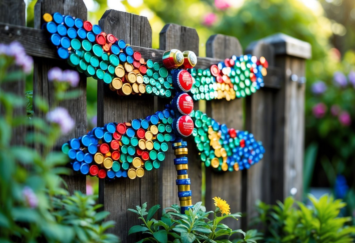 20+ Garden Ideas with Bottle Cap to Transform Your Outdoor Space Effortlessly 18 A colorful dragonfly made from bottle caps mounted on a wooden garden fence surrounded by plants and flowers.