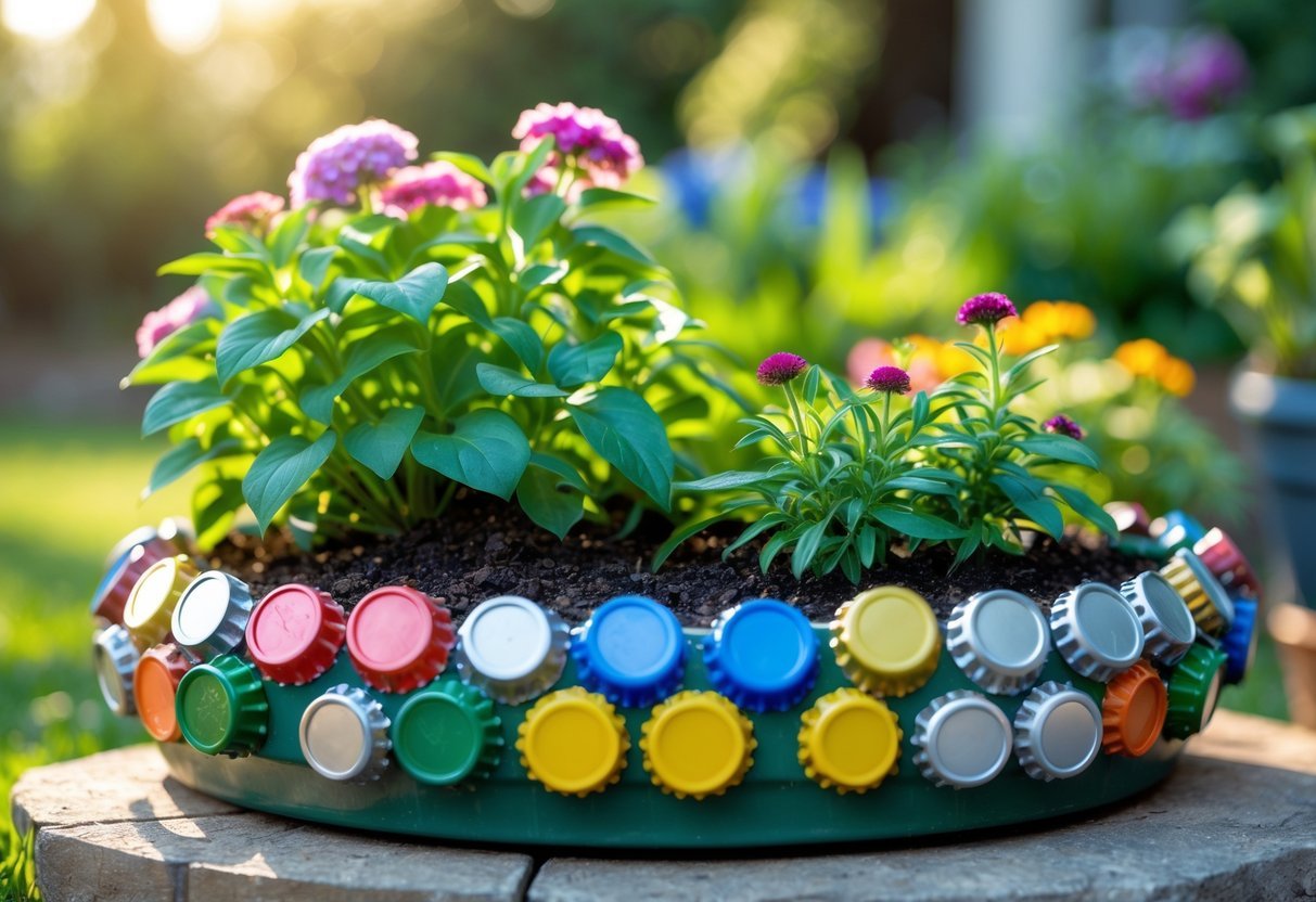 20+ Garden Ideas with Bottle Cap to Transform Your Outdoor Space Effortlessly 19 A garden planter with green plants and flowers, decorated around the rim with colorful bottle caps.