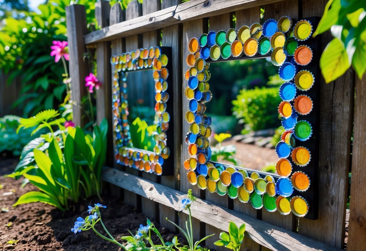 20+ Garden Ideas with Bottle Cap to Transform Your Outdoor Space Effortlessly 20 Mirrors framed with colorful bottle caps hanging on a wooden fence surrounded by green plants and flowers in a garden.