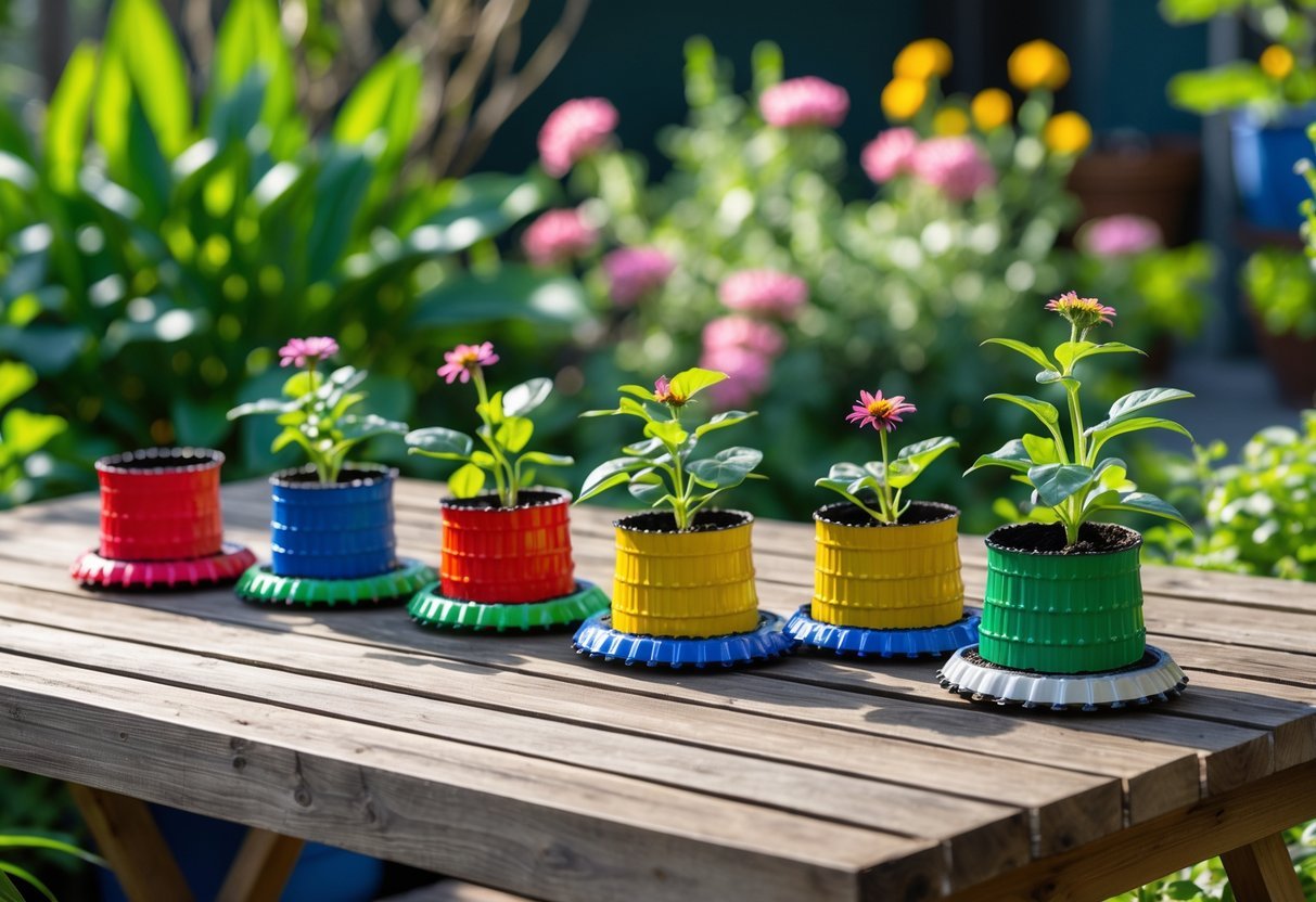 20+ Garden Ideas with Bottle Cap to Transform Your Outdoor Space Effortlessly 21 Colorful bottle cap trivets holding flower pots arranged on a wooden table outdoors with green plants and flowers in the background.