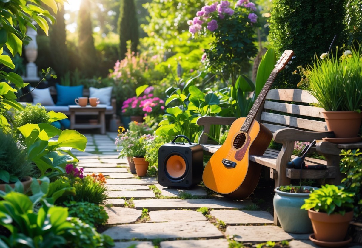 27+ Garden Music Ideas to Elevate Your Outdoor Space for US Homeowners 2 A garden with green plants, flowers, a wooden guitar on a bench, a small speaker on a stone table, and a cozy seating area with cushions and a teapot.