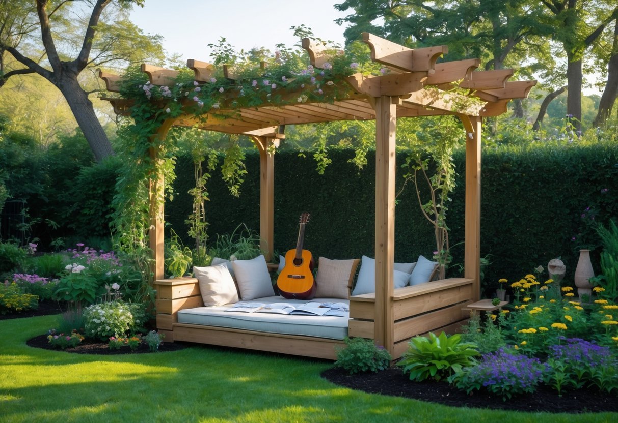 27+ Garden Music Ideas to Elevate Your Outdoor Space for US Homeowners 3 A garden nook with a wooden pergola covered in vines, featuring a cozy seating area with a guitar and sheet music surrounded by greenery and flowers.