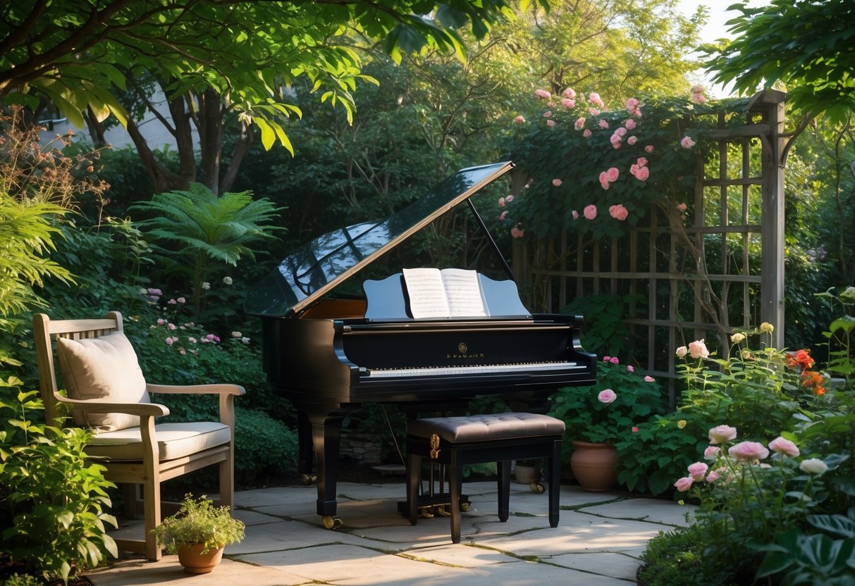 27+ Garden Music Ideas to Elevate Your Outdoor Space for US Homeowners 4 A black grand piano in a garden corner surrounded by green plants and colorful flowers with a wooden bench nearby.