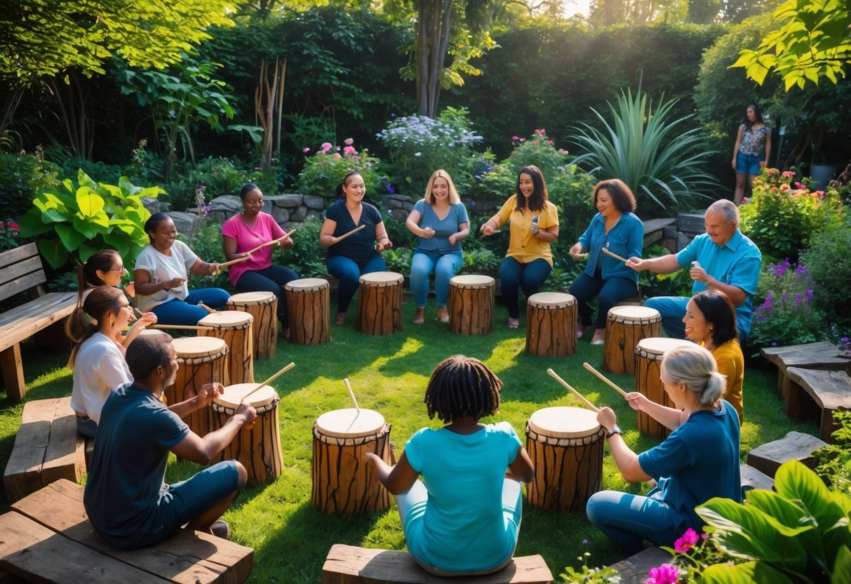 27+ Garden Music Ideas to Elevate Your Outdoor Space for US Homeowners 5 A group of people sitting in a circle outdoors playing drums made from tree stumps in a garden surrounded by plants and flowers.