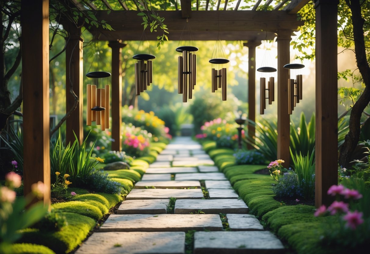 27+ Garden Music Ideas to Elevate Your Outdoor Space for US Homeowners 6 A garden walkway with stone slabs surrounded by plants and flowers, decorated with various wind chimes hanging from pergolas and trees.