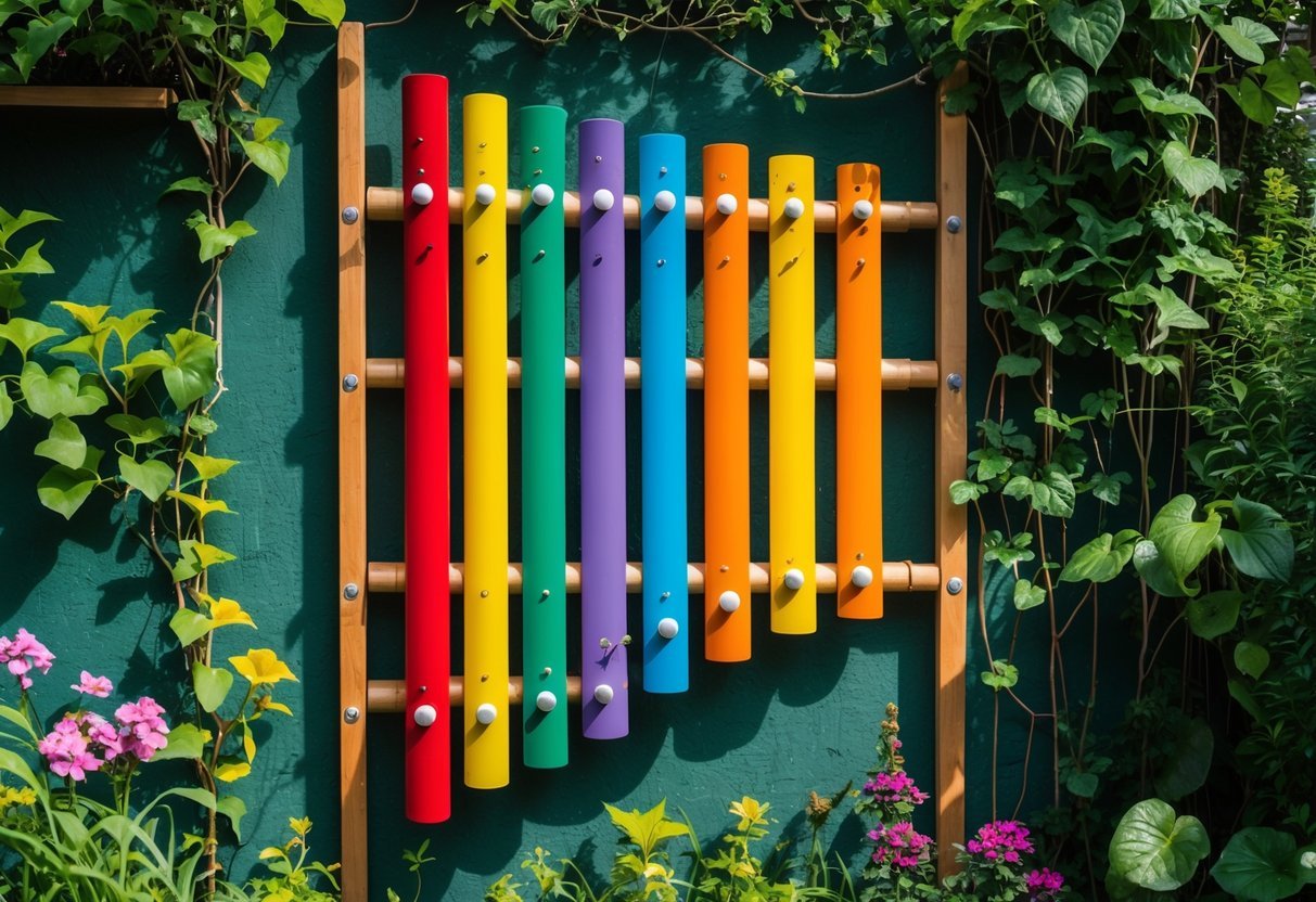 27+ Garden Music Ideas to Elevate Your Outdoor Space for US Homeowners 7 An outdoor garden wall with a colorful xylophone mounted vertically among green plants and flowers.