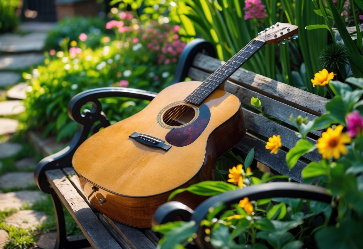 27+ Garden Music Ideas to Elevate Your Outdoor Space for US Homeowners 8 An acoustic guitar resting on a wooden garden bench surrounded by green plants and flowers.
