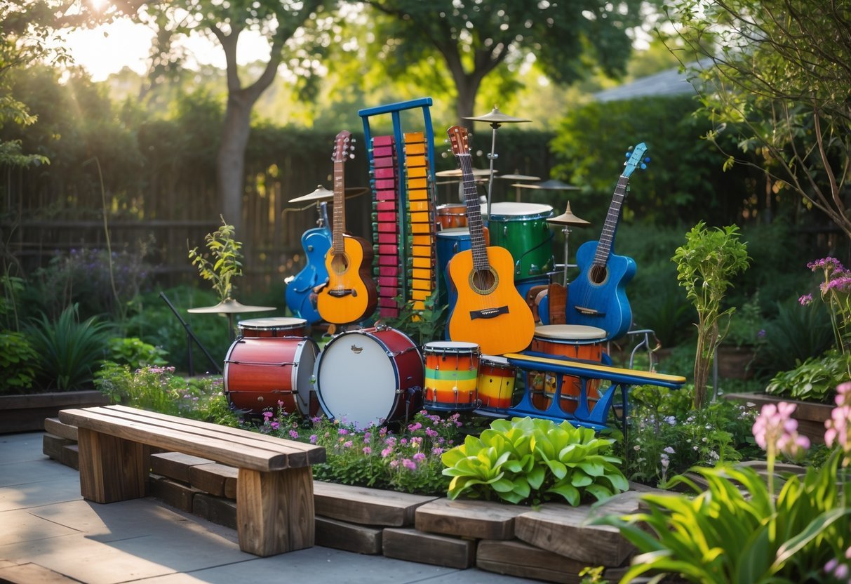 27+ Garden Music Ideas to Elevate Your Outdoor Space for US Homeowners 9 Outdoor garden with a colorful sculpture made from recycled musical instruments surrounded by plants and flowers.