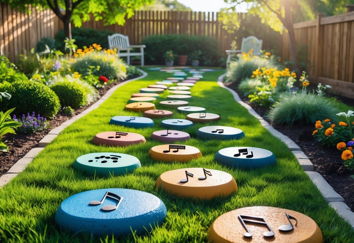 27+ Garden Music Ideas to Elevate Your Outdoor Space for US Homeowners 10 A garden path with colorful musical stepping stones surrounded by grass and flowers under sunlight.