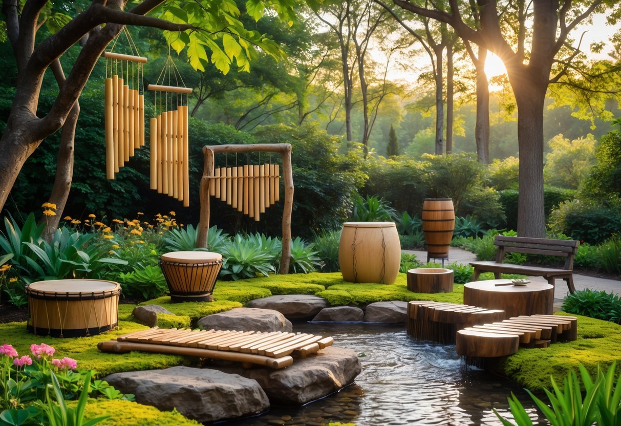 27+ Garden Music Ideas to Elevate Your Outdoor Space for US Homeowners 11 A peaceful outdoor garden with natural musical instruments like bamboo wind chimes, stone drums, and wooden xylophones surrounded by green plants and trees.