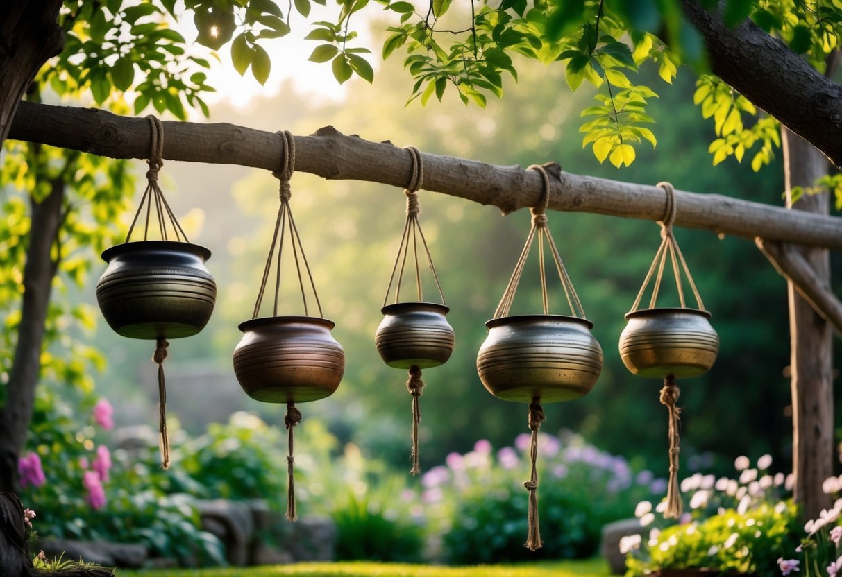 27+ Garden Music Ideas to Elevate Your Outdoor Space for US Homeowners 12 A garden with hanging metal percussion pots suspended from branches and wooden beams surrounded by green plants and sunlight.