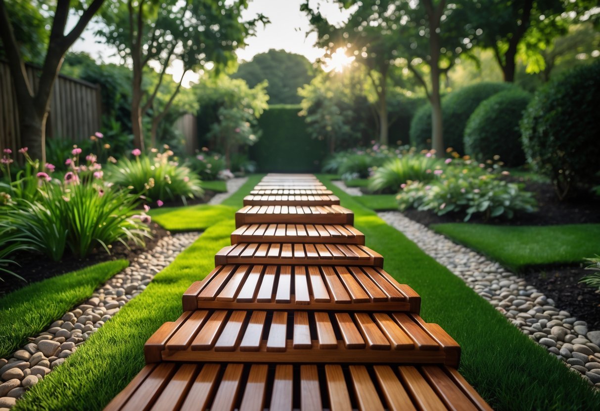 27+ Garden Music Ideas to Elevate Your Outdoor Space for US Homeowners 13 A wooden marimba path set in a green garden with flowers and sunlight filtering through trees.