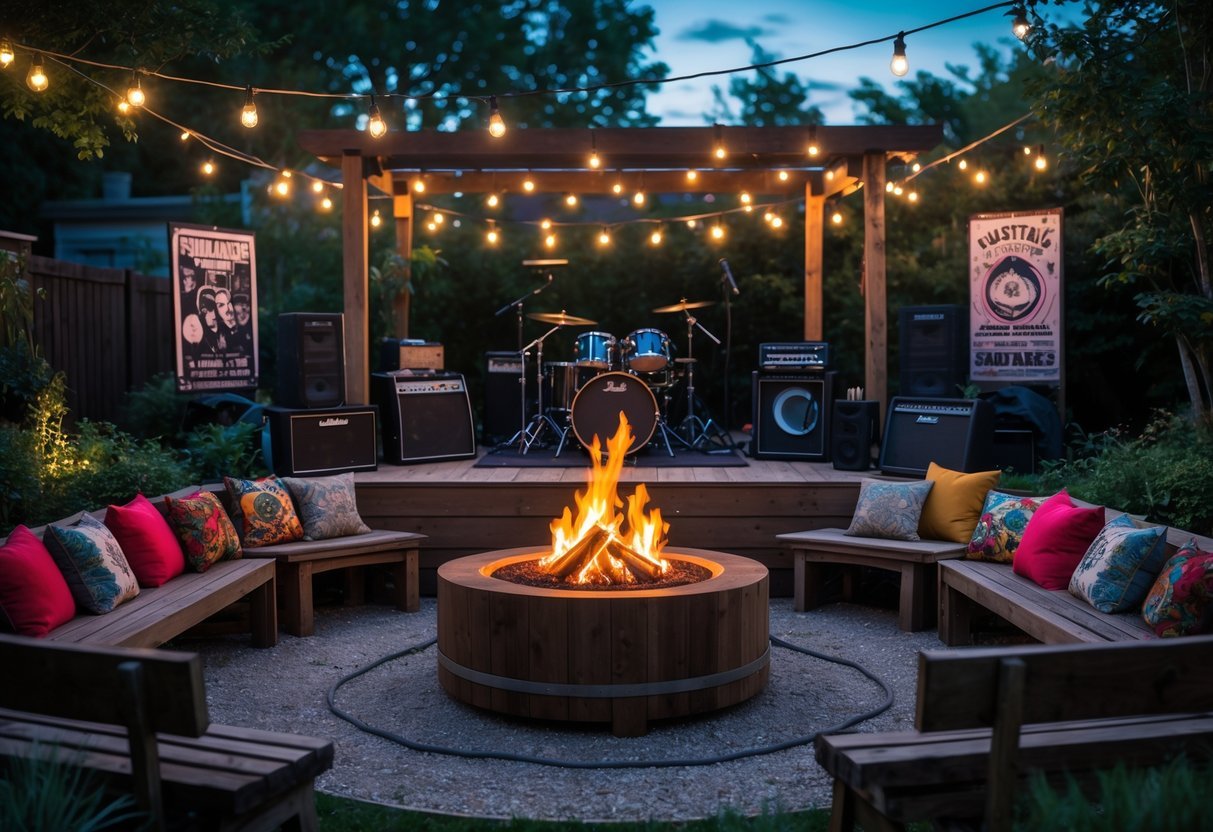 27+ Garden Music Ideas to Elevate Your Outdoor Space for US Homeowners 14 An outdoor garden with a glowing fire pit surrounded by seating and a small stage with musical instruments ready for a rock performance.
