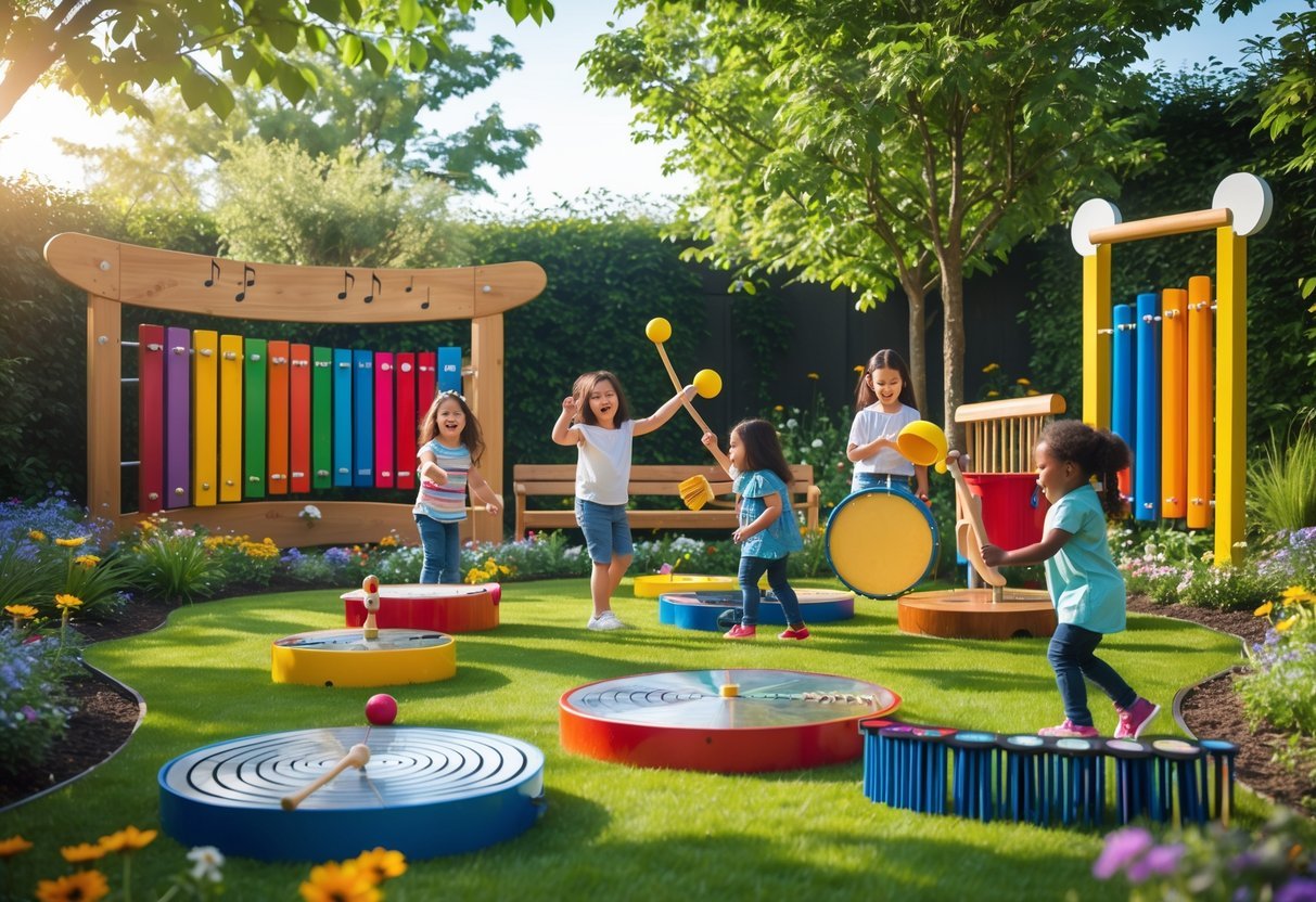 27+ Garden Music Ideas to Elevate Your Outdoor Space for US Homeowners 15 Children playing with various musical instruments in an outdoor garden surrounded by trees and flowers.