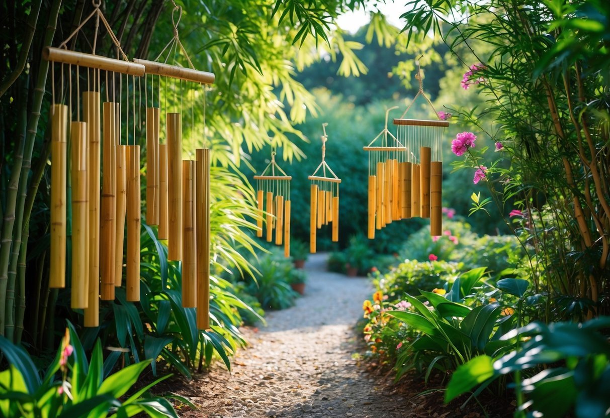 27+ Garden Music Ideas to Elevate Your Outdoor Space for US Homeowners 16 A peaceful garden trail with bamboo wind chimes hanging among green plants and flowers.