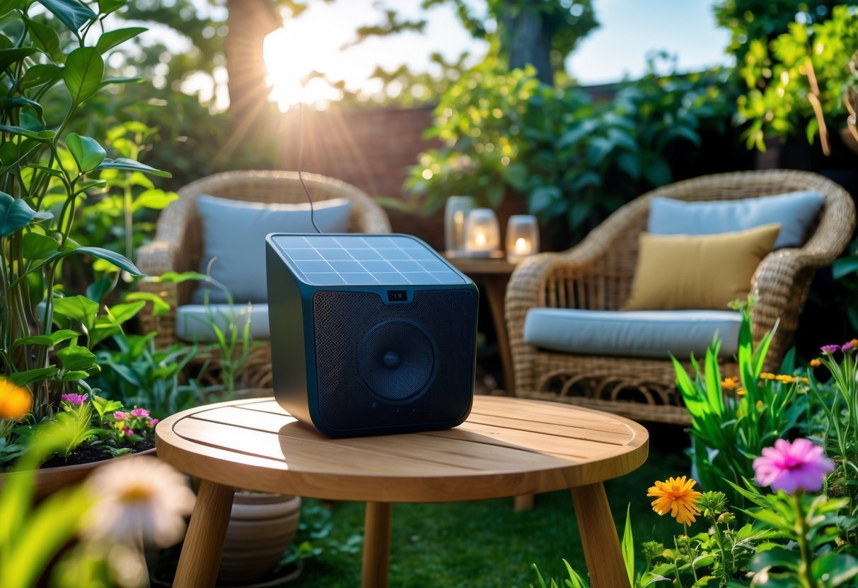 27+ Garden Music Ideas to Elevate Your Outdoor Space for US Homeowners 17 An outdoor garden scene with a solar-powered speaker on a wooden table surrounded by plants and flowers, with outdoor seating nearby under sunlight.