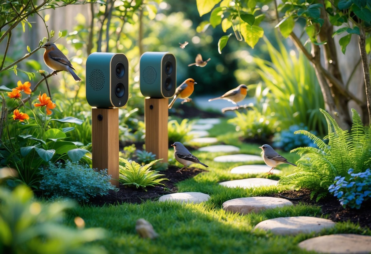 27+ Garden Music Ideas to Elevate Your Outdoor Space for US Homeowners 18 A garden with a birdsong listening station surrounded by flowering plants and small birds perched nearby.