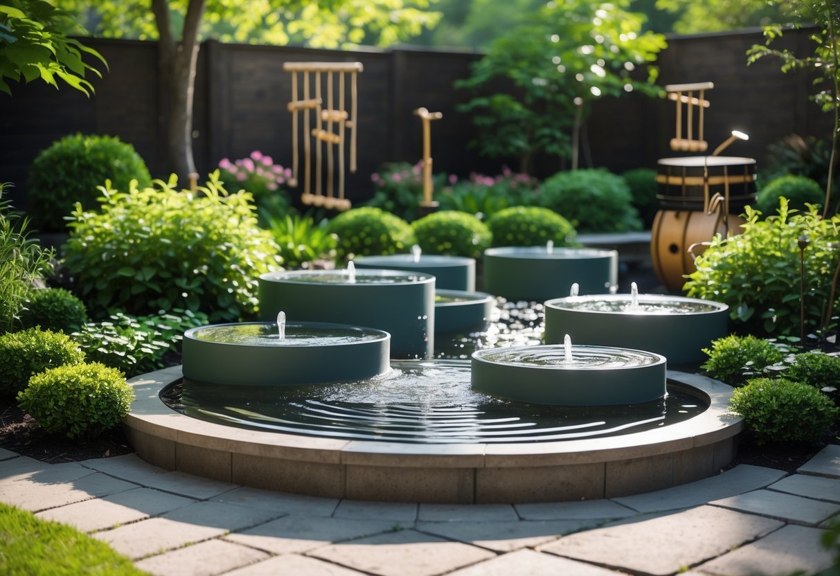 27+ Garden Music Ideas to Elevate Your Outdoor Space for US Homeowners 19 A garden with a water drum fountain surrounded by plants and flowers, with sunlight filtering through trees and a stone pathway nearby.